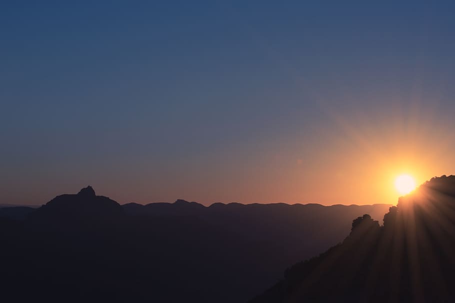 silhouette of mountain during sunset, range, silhouettes, peaks HD wallpaper