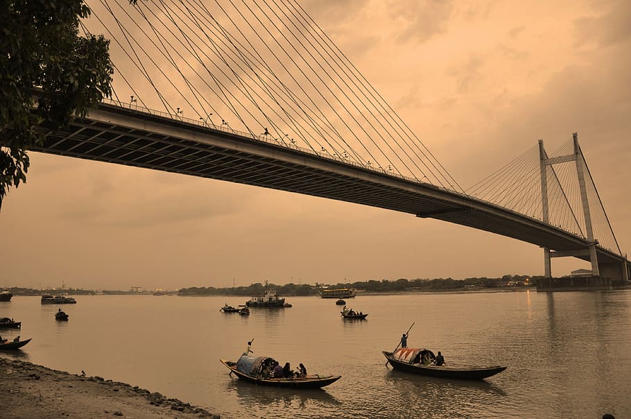 kolkata, suspension bridge, fishing boats, india, transportation