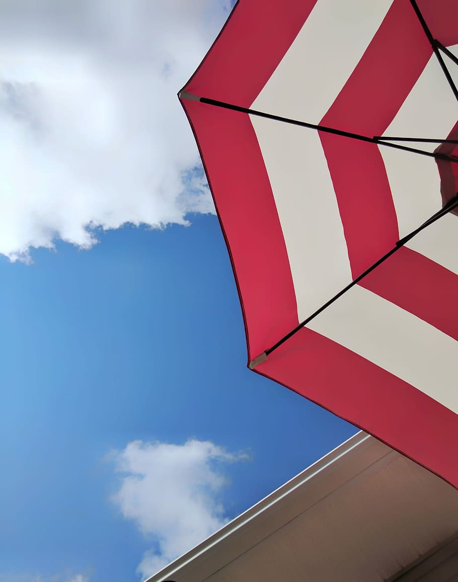 low angle photography of red and white umbrella, low angle photo of red and white umbrella HD wallpaper