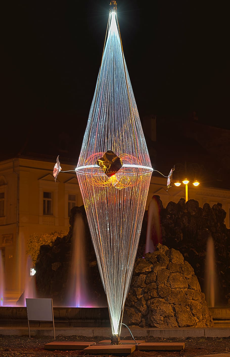 light expo, art, night, buildings, banská bystrica, city, dark HD wallpaper