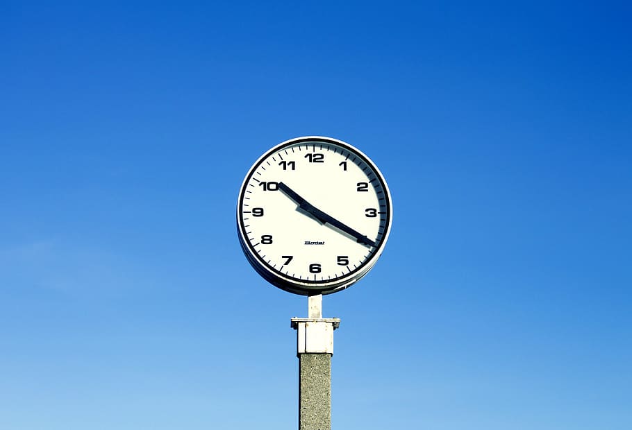 clock, sky, time, clear sky, blue, low angle view, copy space HD wallpaper
