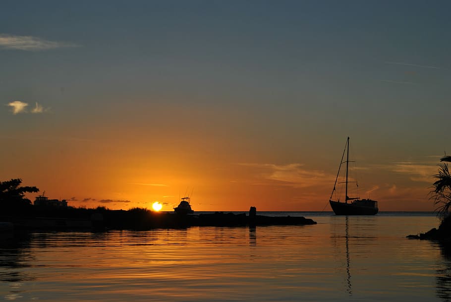 Sunset, Caribbean, Sea, Yacht, Beach, dominica, reflection, HD wallpaper