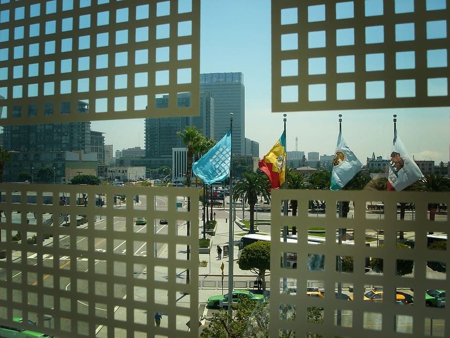 flags, security, window, view, city, los angeles, downtown HD wallpaper