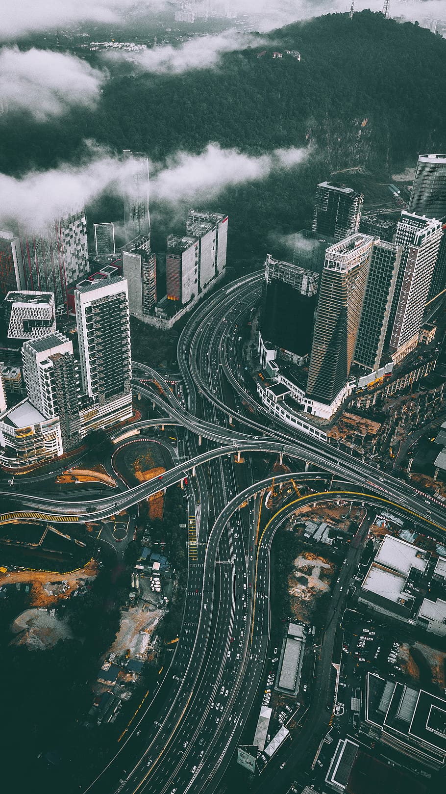 bird's eye view photography of high-rise buildings and bridges, aerial view of city and road HD wallpaper