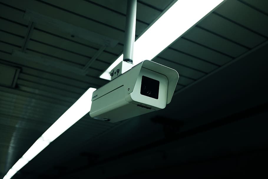 white security camera, cctv, safety, ceiling, architecture, built structure
