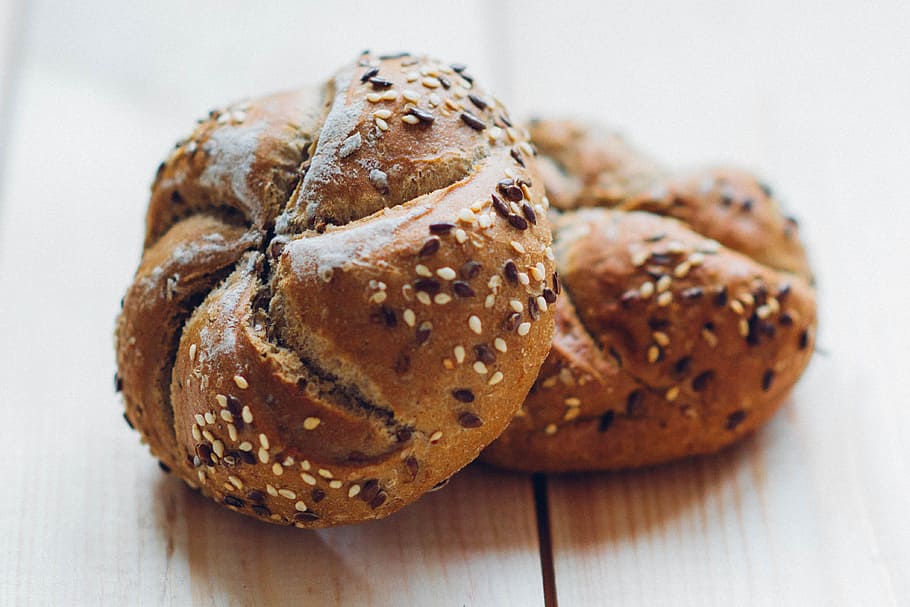 two breads, rolls, food, brown, baked, bakery, wheat, baguette HD wallpaper