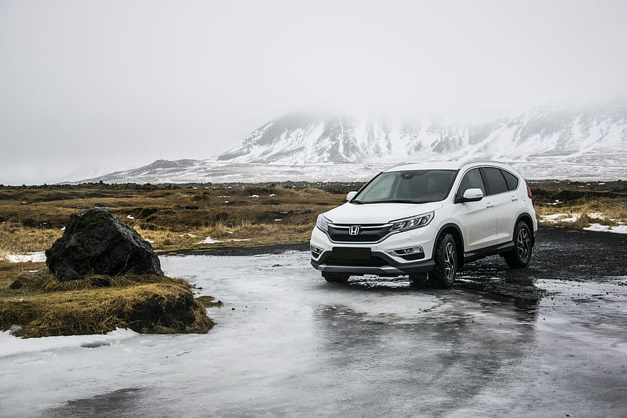 white Honda SUV on gray floor, white Honda SUV on ground, ice HD wallpaper