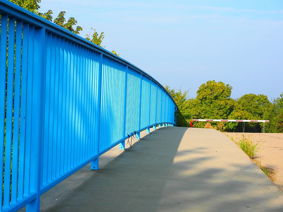 bridge, road, crossing, railing, blue, barrier, sky, nature HD wallpaper