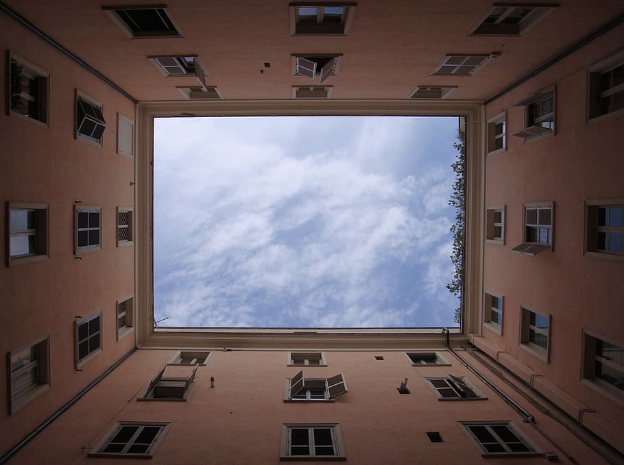 worms eyeview of buildings during daytime, low angle photo of building interior HD wallpaper