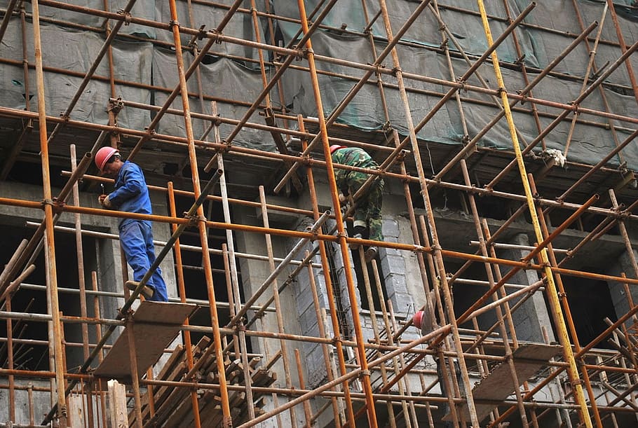two man standing on scaffolding, construction, worker, site HD wallpaper