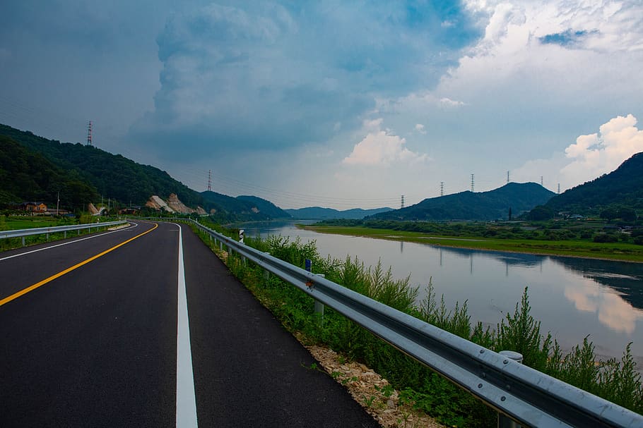 road, sky, river, landscape, cloud, nature, scenery, travel HD wallpaper