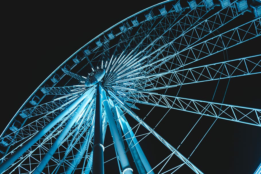 low angle photography of ferries wheel, structural shot of Ferris Wheel during night time HD wallpaper