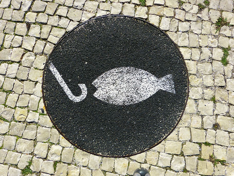 fish and hook logo, fishhook, mosaic, angel, catch, circle, geometric shape, HD wallpaper