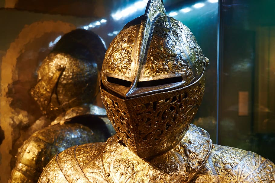 gold knight armor, helm, harnisch, middle ages, forge, war, fight, HD wallpaper