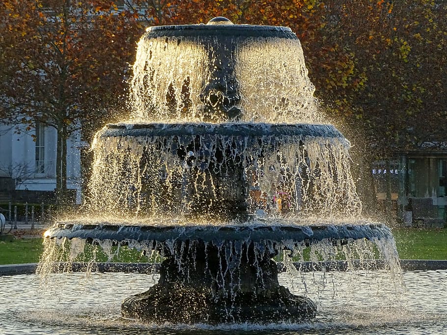 black 3-tier outdoor fountain near brown leaf tress during daytime, HD wallpaper