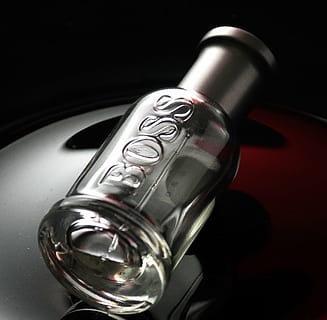 clear glass BOSS perfume bottle, black, creative, men's, scent HD wallpaper