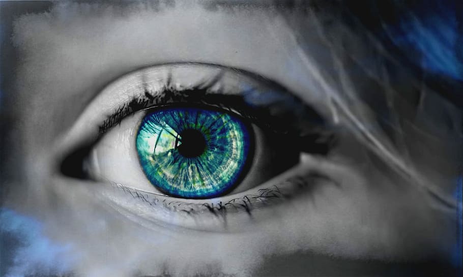 photo of girl's eye with green and blue pupil in gray-scale photography HD wallpaper