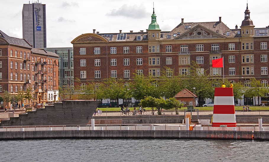 harbour, bath, red, flag, houses, city, copenhagen, denmark HD wallpaper