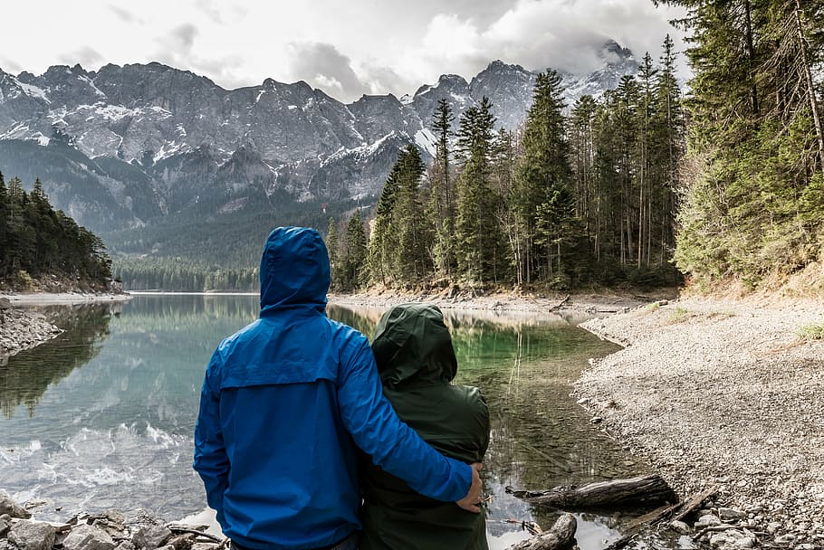man and woman standing near the river, mountain, highland, cloud HD wallpaper
