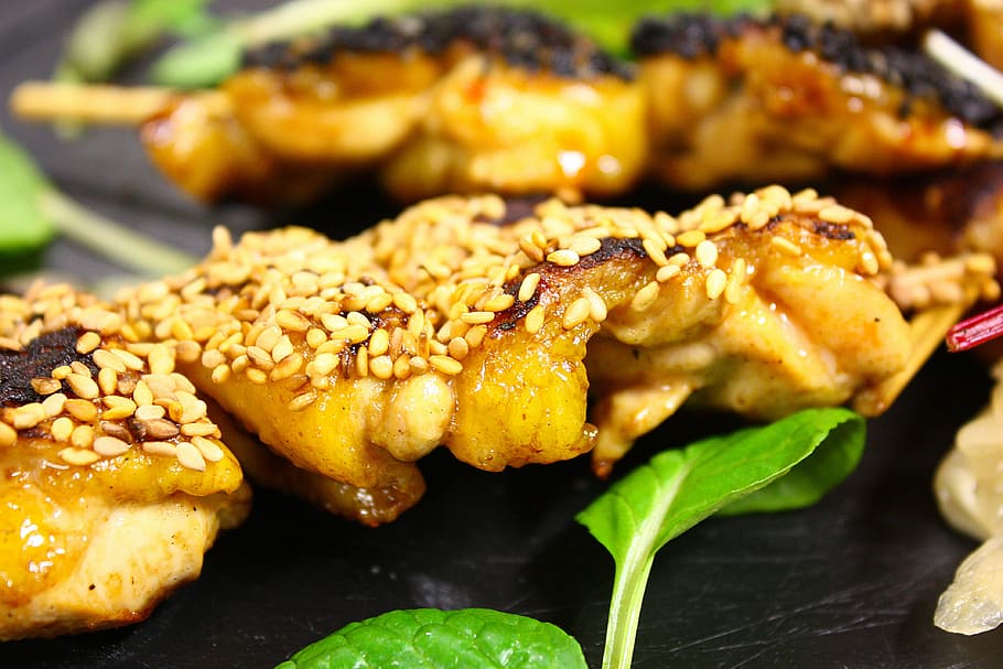 grilled meat topped with sesame seeds, skewer, almonds, kitchen HD wallpaper