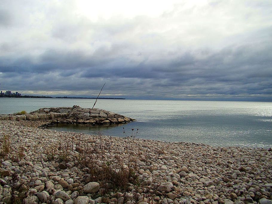 clouds, sky, water, lake, stones, fishing, bay, storm, sea HD wallpaper