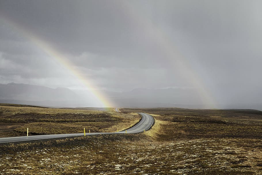 gray concrete roadway between of brown field at daytime, arid HD wallpaper