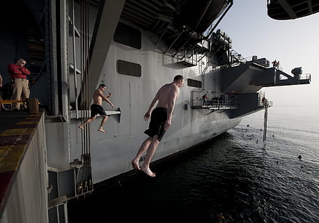 Ship, Man, Sailor, Navy, Military, diving, jumping, sea, ocean HD wallpaper