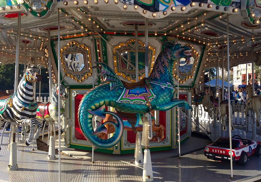 white carousel, fun, park, amusement, ride, happiness, happy HD wallpaper