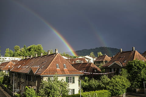 landscape photography of village under rainbows, Home, Bern HD wallpaper