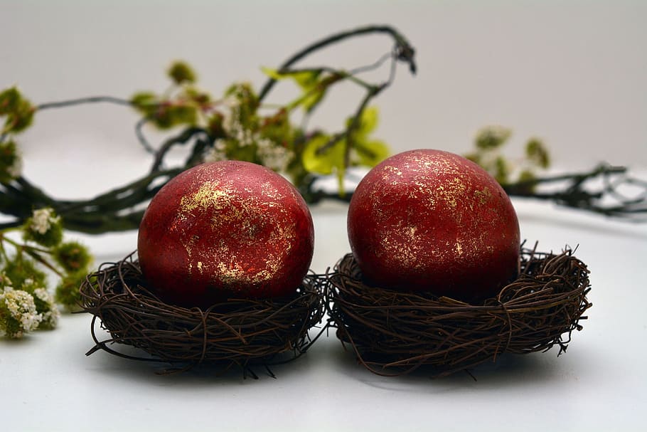 two red-and-gold eggs on brown nest, easter eggs, easter nest HD wallpaper