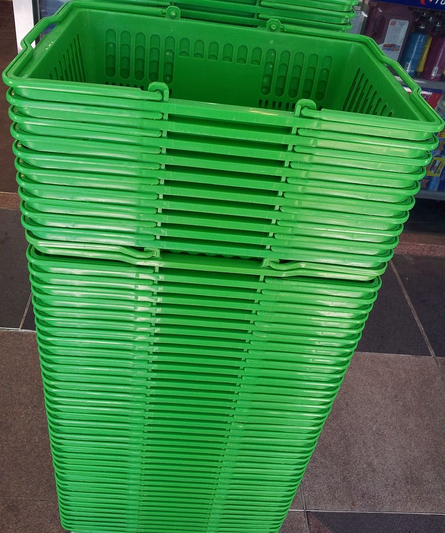 pile of green plastic shopping cart, basket, stack, retail HD wallpaper