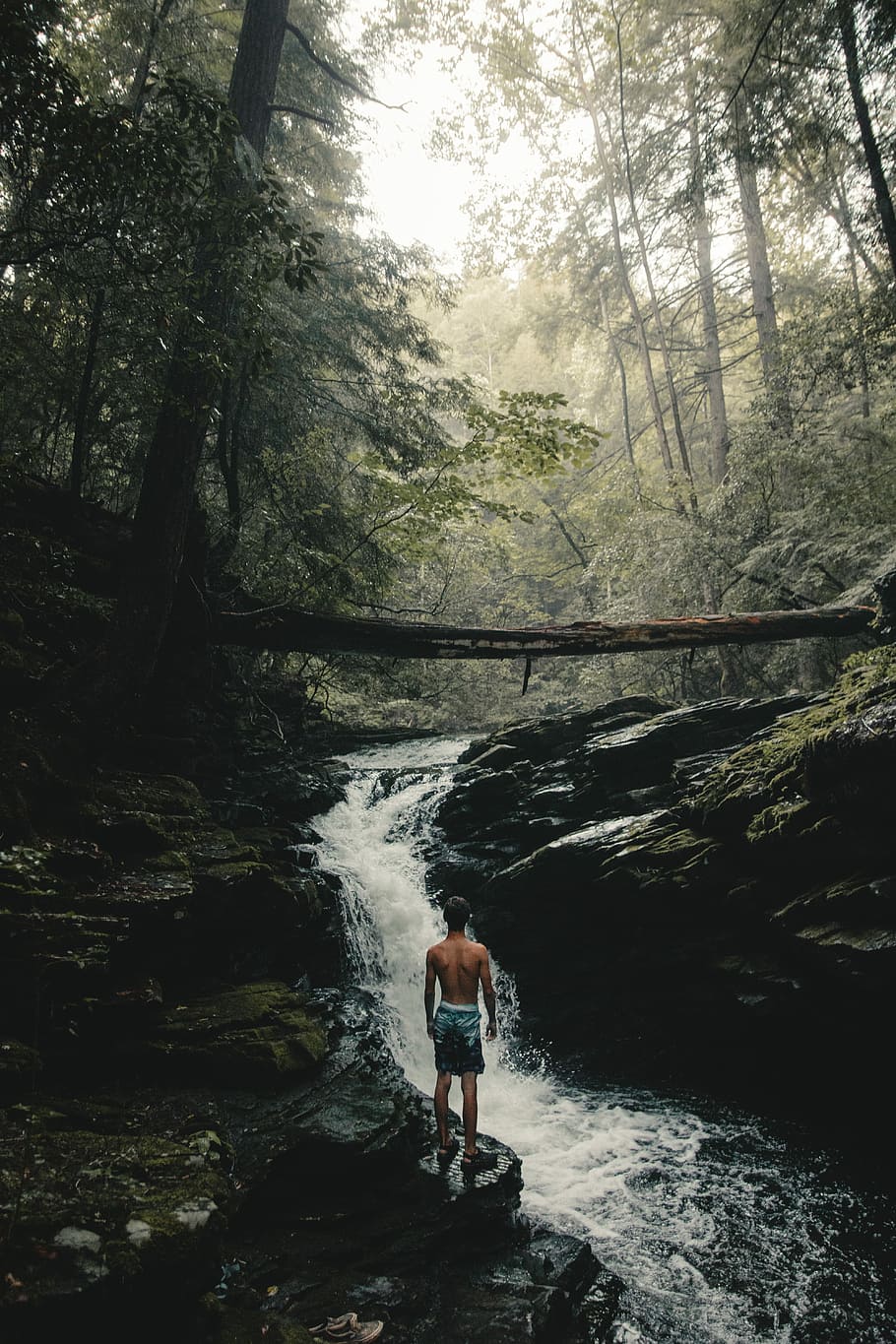 man wearing teal and black shorts standing beside waterfalls, man standing on rock near waterfalls HD wallpaper
