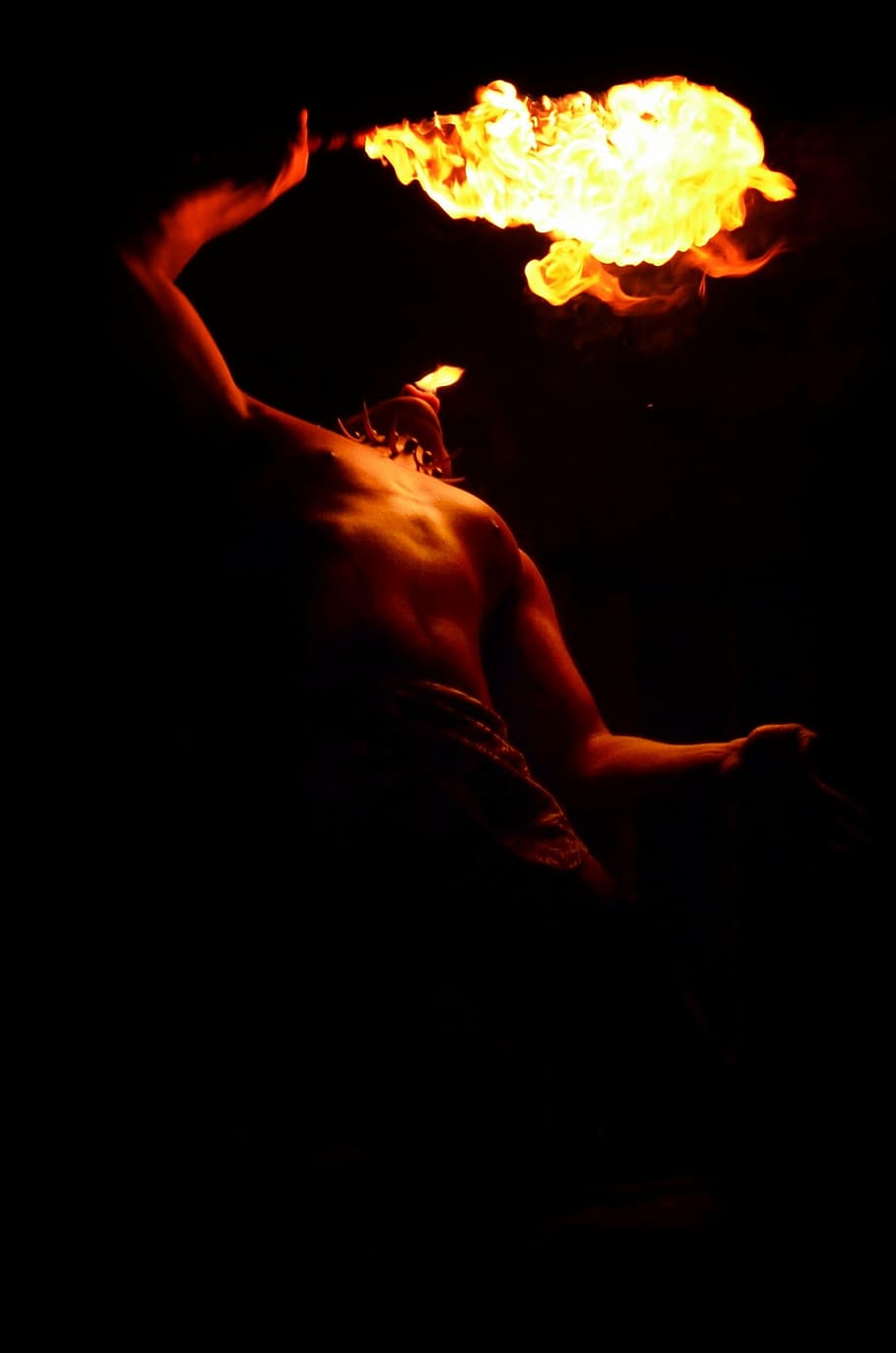 man playing fire, torch, hawaii, flame, performance, luau, human body part HD wallpaper