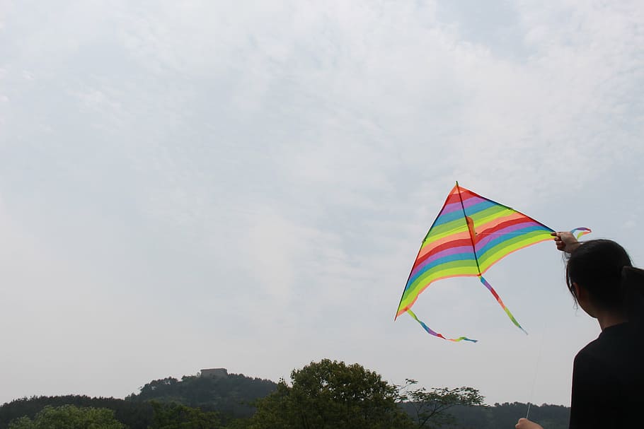 kite, sky, people, multi colored, nature, tree, cloud - sky HD wallpaper