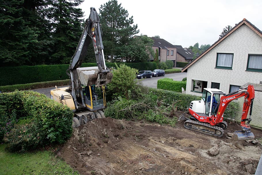 heavy equipment3 beside house, construction work, garden, earthmoving, HD wallpaper