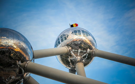 Atomium, Brussels, belgium, flag, sky, structure, metal, architecture HD wallpaper