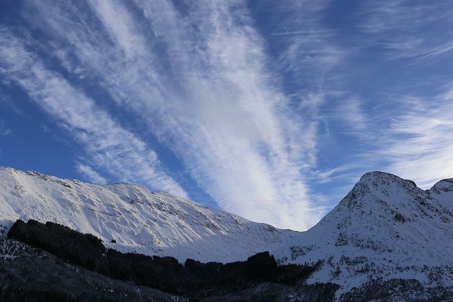 snow mountain under cloudy sky, snow-capped mountain under stratus clouds HD wallpaper
