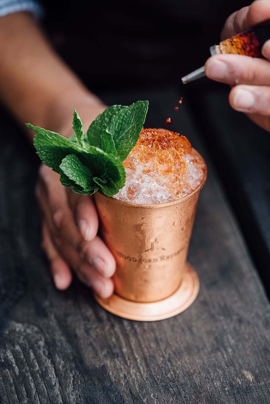 brass-colored cup filled with crushed ice with mint, ice on cup with mint leaves HD wallpaper