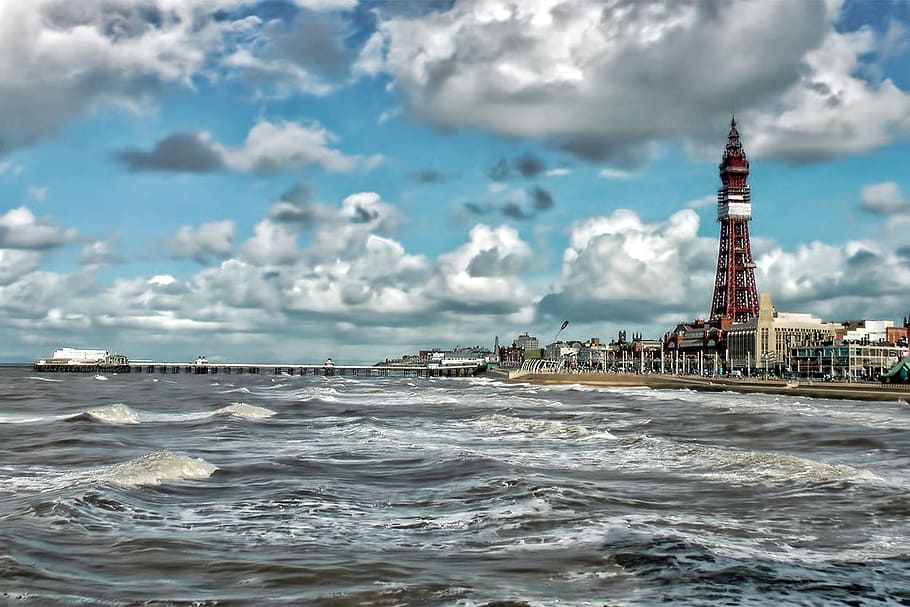 Clouds, Sky, Landscape, Reflection, water, blue, tower, sea HD wallpaper