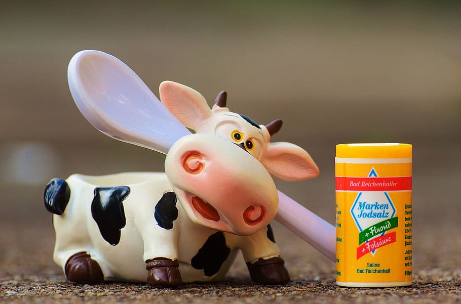 egg cups, cow, spoon, funny, salt, cute, representation, animal representation HD wallpaper