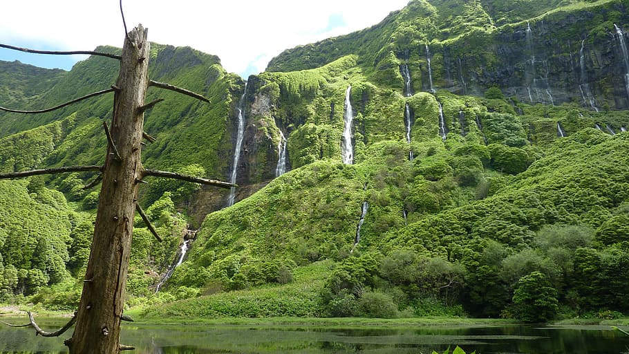 waterfall, mountain, landscape, forest, flow, mountains, azores HD wallpaper