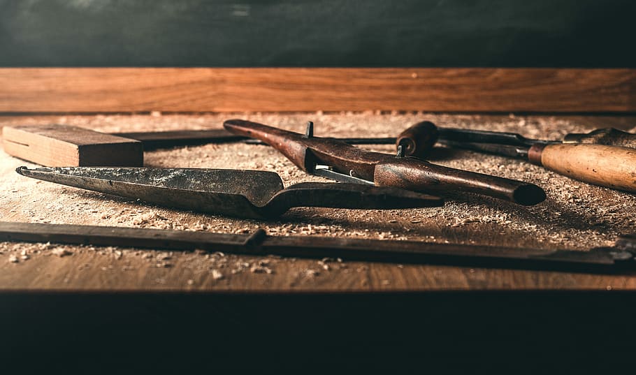 black hammer on brown wood, assorted hand tools on brown wooden table HD wallpaper