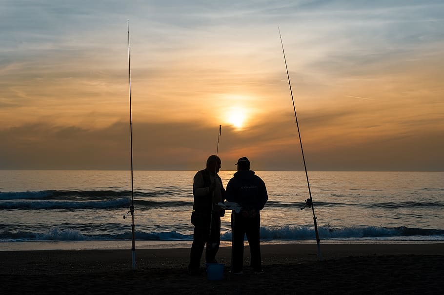 two men talking near fishing rods, Sunset, Sea, Beach, Horizon HD wallpaper