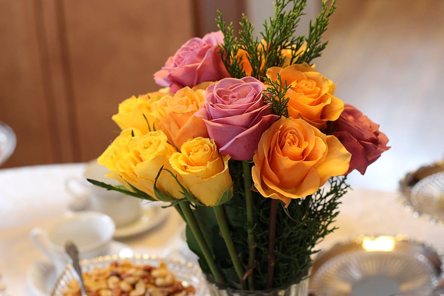 flower arrangement, table setting, formal, flowering plant HD wallpaper