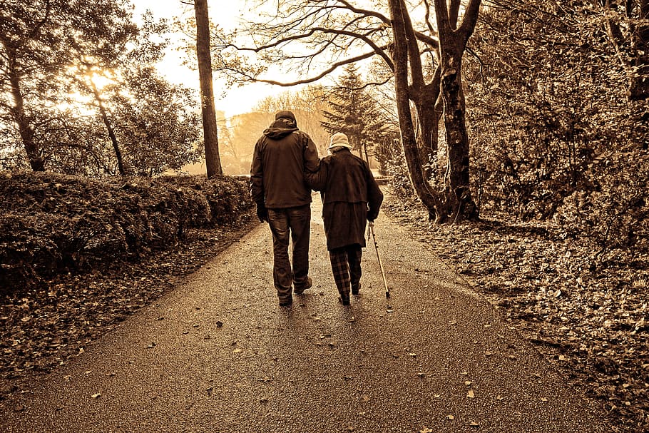 couple walking along concrete pathway, people, elderly, white cane, HD wallpaper