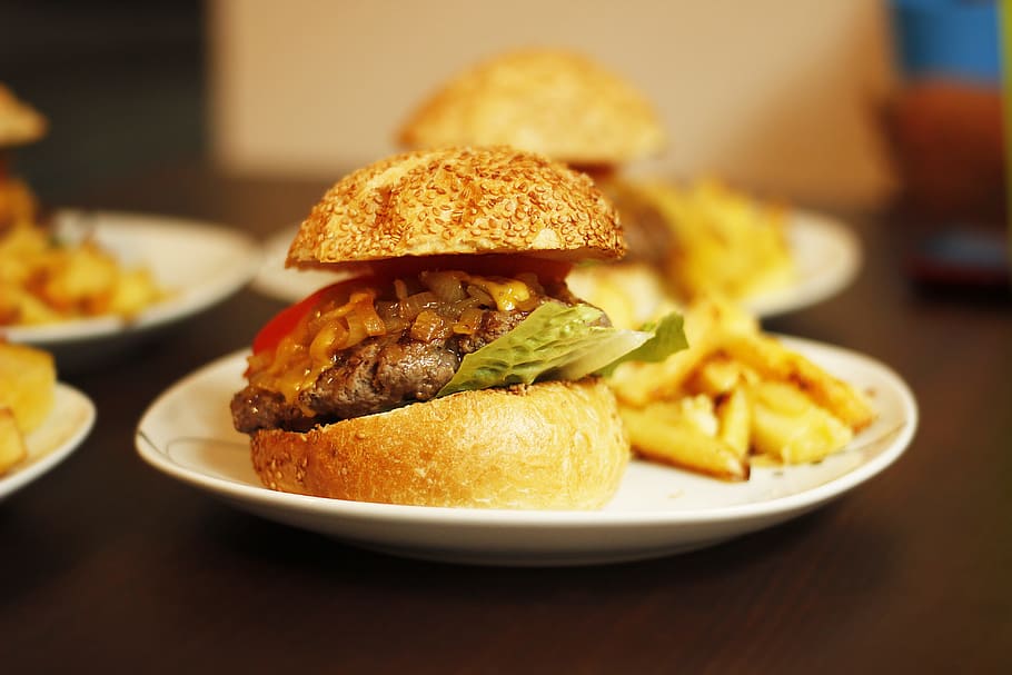 close-up photography of burger with patty and french fries, hamburger