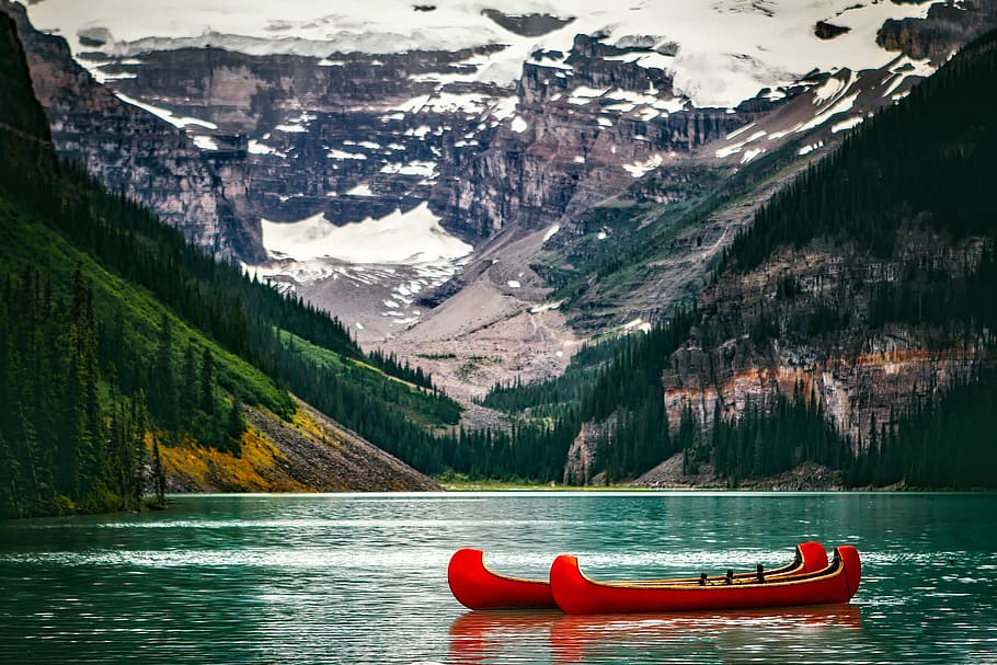 two red boats, lake louise, canada, landscape, mountains, snow, HD wallpaper