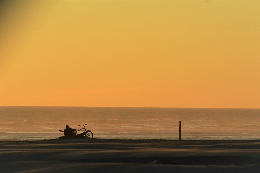 person playing guitar in front of bicycle during daytime, man sitting near shore HD wallpaper