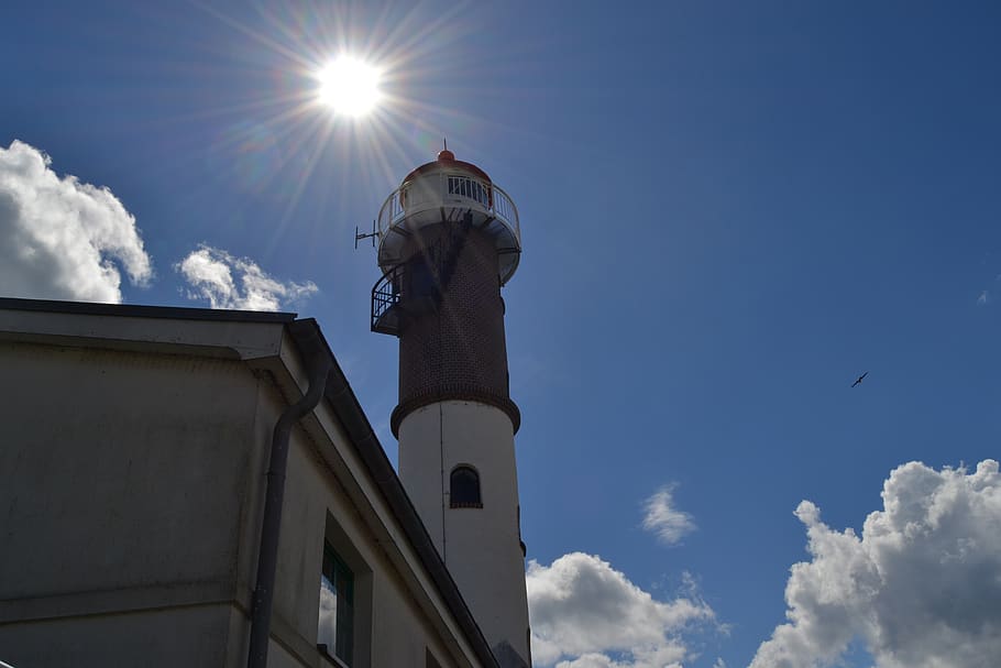 sun, lighthouse, sky, clouds, cloud - sky, low angle view, architecture HD wallpaper