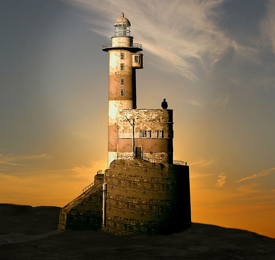 brown and white lighthouse, evening, sunset, afterglow, sea HD wallpaper